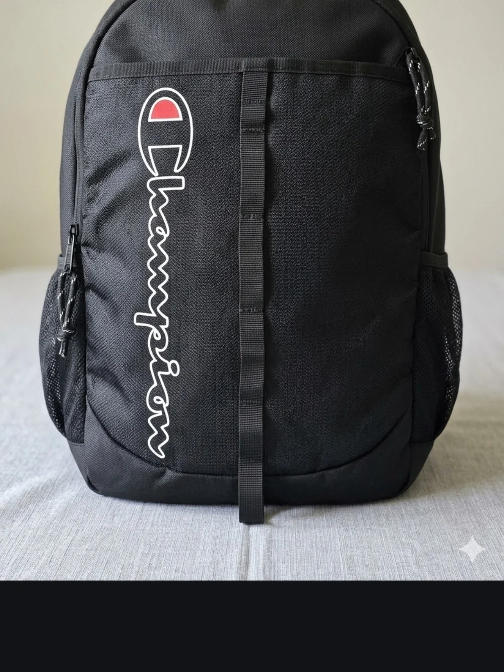 Champion Black Backpack with Vertical Logo and Red Accent